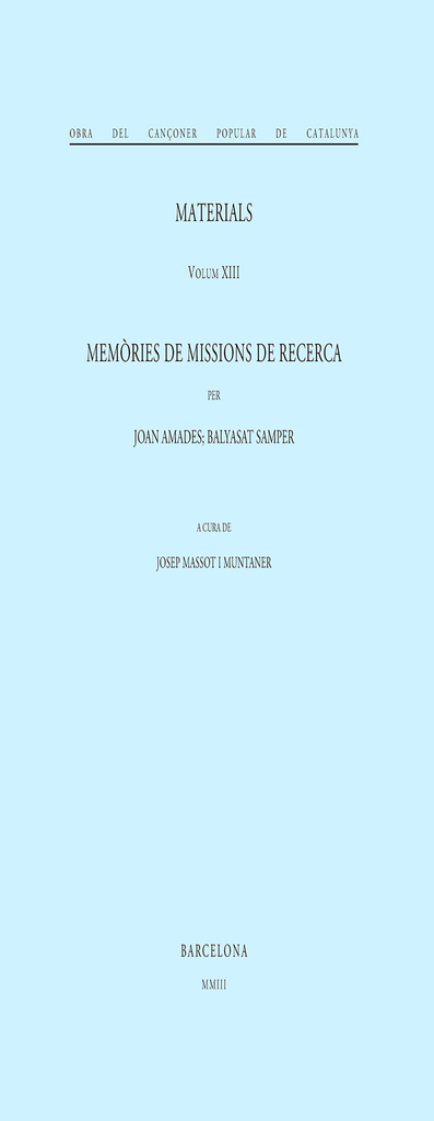 Memòries de missions de recerca. Volum XV